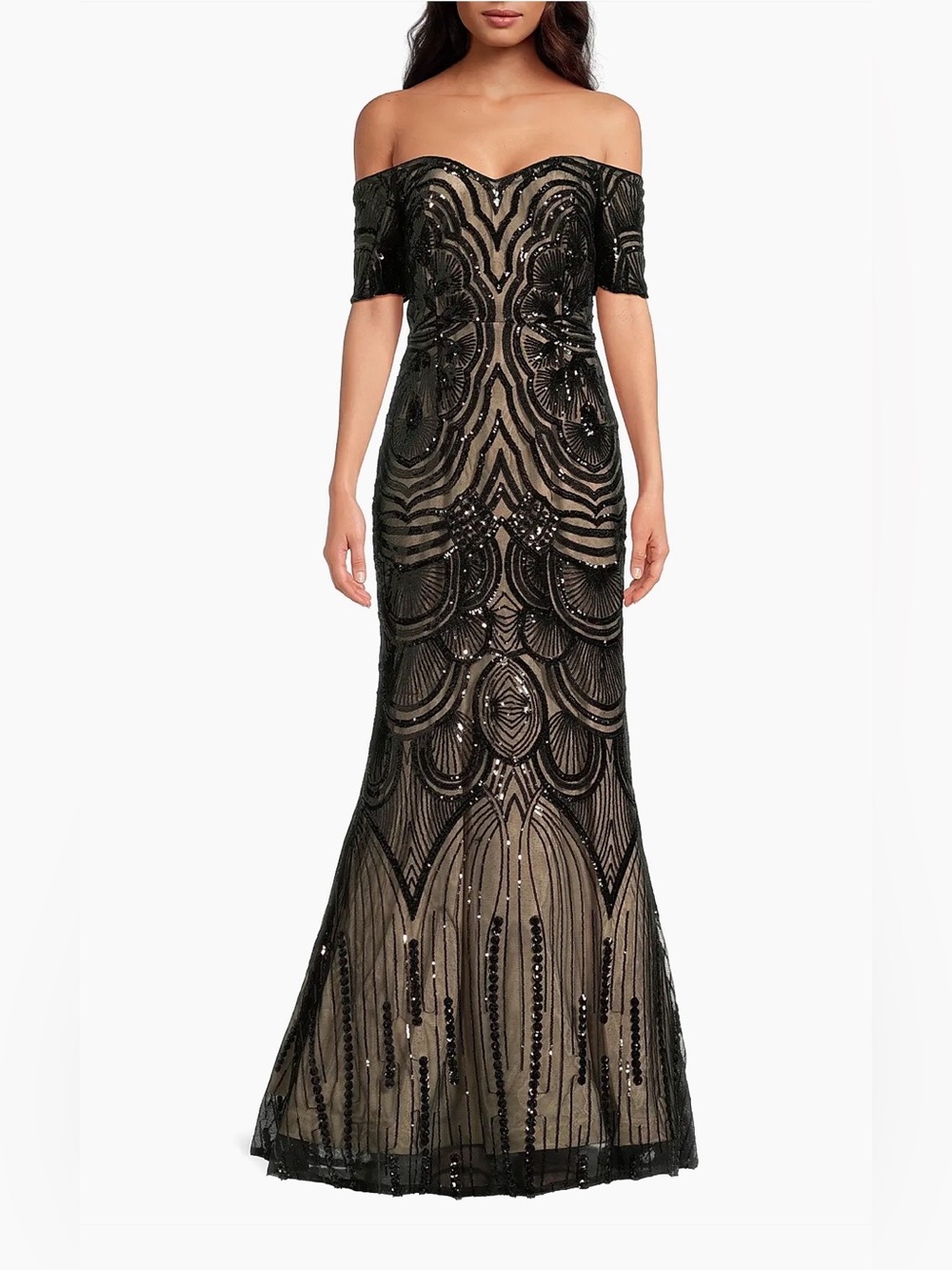 NWT Shani Black Sequin Off Shoulder Short Sleeve Formal Evening Maxi Dress - 12